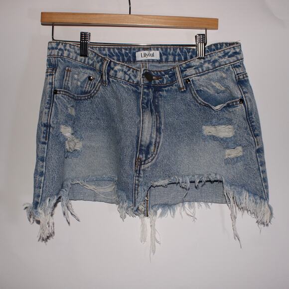 Lilyful Denim 100% Cotton Distressed Mini Skirt - Picture 1 of 5